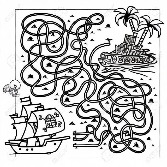 Maze of Labyrinth Game voor kleuters. Puzzel. Tangled Road. Matching Game. Kleurplaten Outline van cartoon Pirate schip met eiland van schat. Kleurplaten boek voor kinderen.