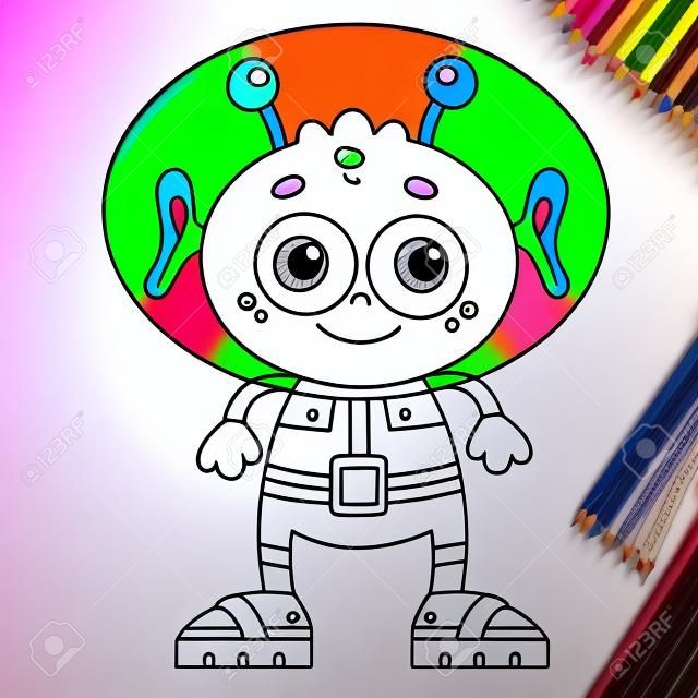 Disegni da colorare pagina Schema di un piccolo alieno cartone animato. Spazio. Libro da colorare per bambini.