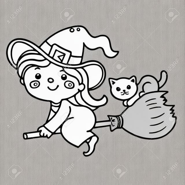 Kolorowanki zarys strony kreskówki mała czarownica na miotle z garnkiem i kotem. Halloween. kolorowanka dla dzieci.
