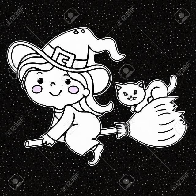 Coloriage contour de la petite sorcière de dessin animé sur un balai avec un pot et avec un chat. Halloween. Livre de coloriage pour les enfants.
