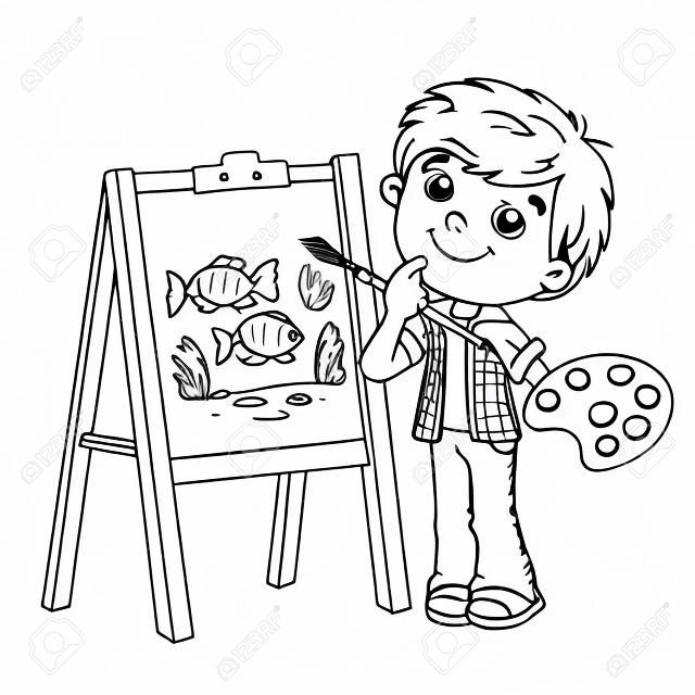 Niño pintando un cuadro sobre caballete y fondo blanco - Dibustock
