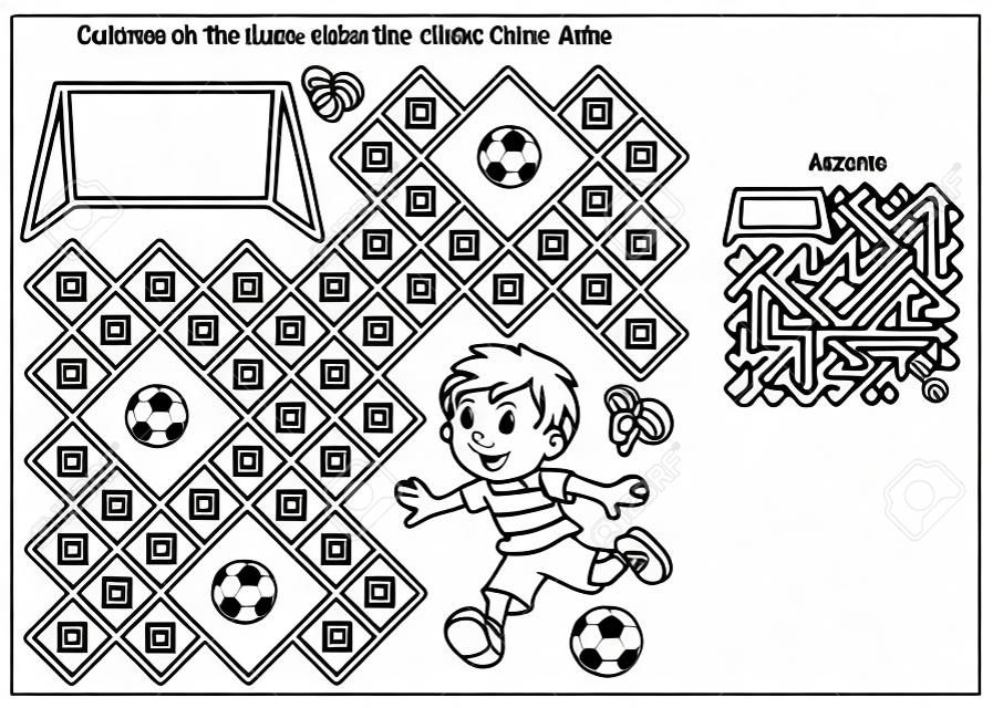 Gra w labirynt lub labirynt. puzzle. kolorowanki zarys strony kreskówka chłopiec z piłką nożną. piłka nożna. aktywność sportowa. kolorowanka dla dzieci.