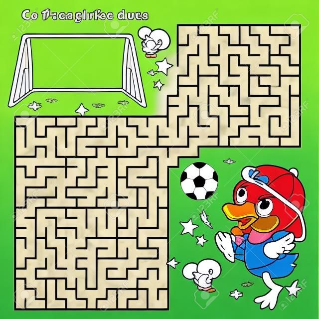 Gra labirynt lub labirynt, kolorowanka, kolorowanka z rysunkową kaczką lub kaczątkiem z piłką nożną, kolorowanka sportowa dla dzieci