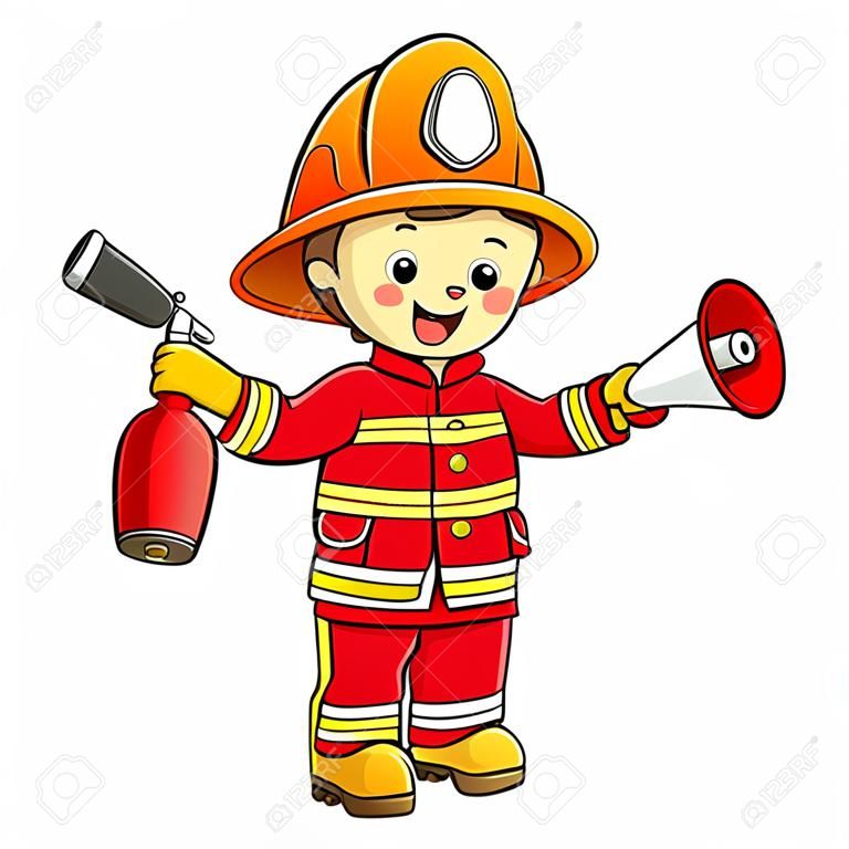 Cartoon fireman or firefighter with a megaphone or horn and fire extinguisher. profession. Colorful vector illustration for kids.