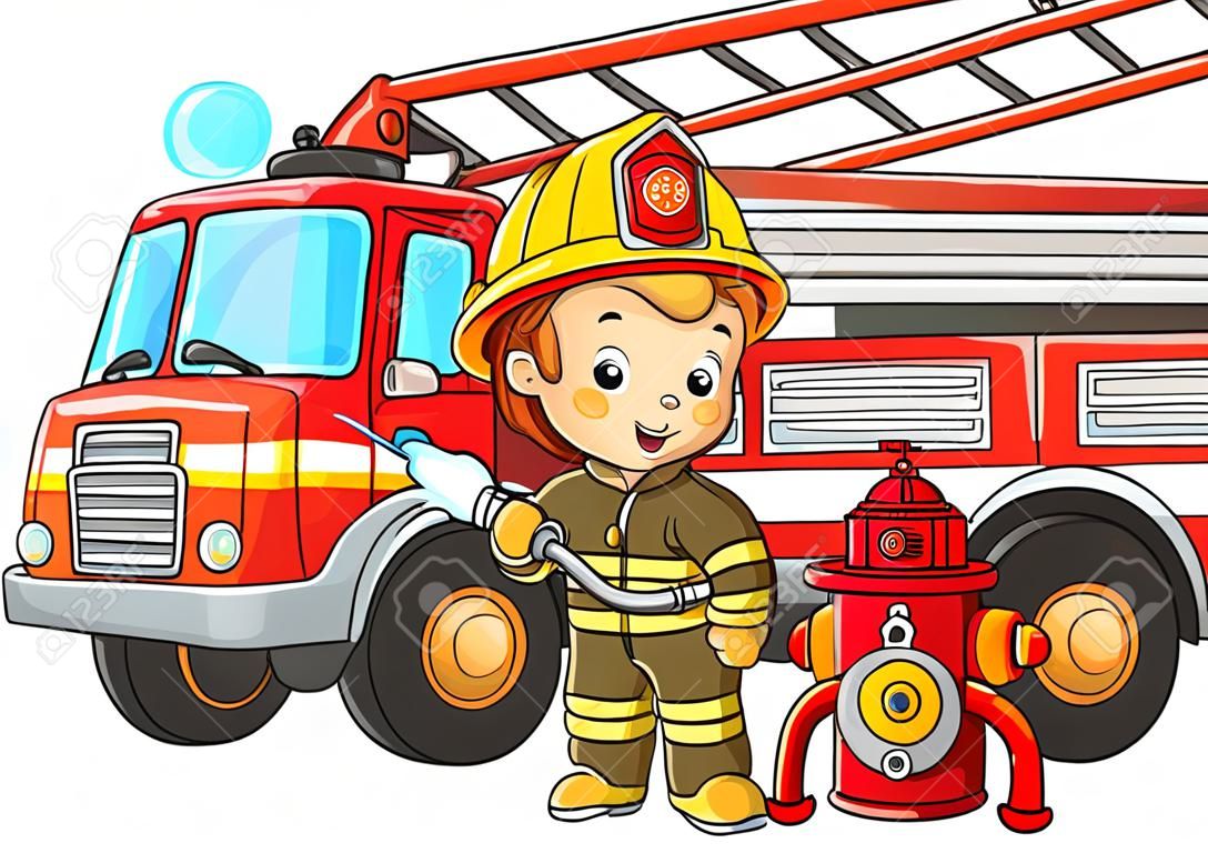 Cartoon fire truck with fireman or firefighter. fire fighting. professional transport. profession. Colorful vector illustration for kids.