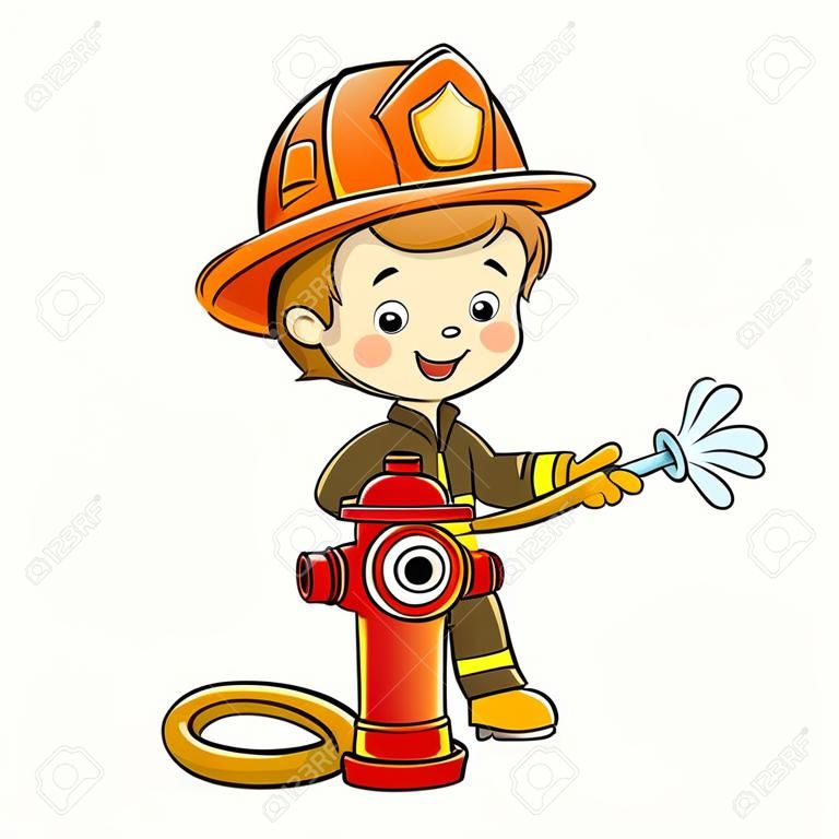 Cartoon brandweerman of brandweerman met een brandkraan. beroep. Kleurrijke vector illustratie voor kinderen.
