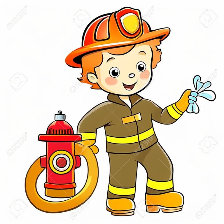 Cartoon brandweerman of brandweerman met een brandkraan. beroep. Kleurrijke vector illustratie voor kinderen.
