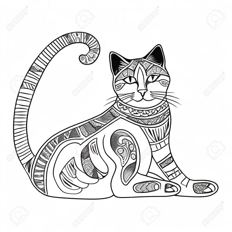 Yetişkinler için kedi anti-stres boyama kitabı. Siyah ve beyaz elle vektör çizilmiş. etnik desenleri ile baskı doodle. dövme, gömlek tasarım, logo, işaret için Zen yumak tarzı