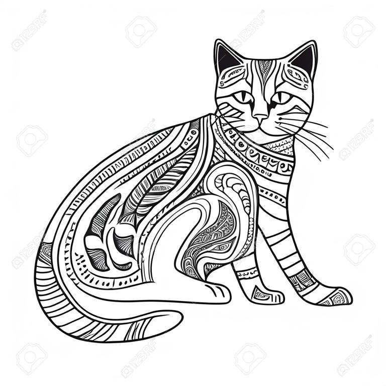 Cat anti-stress livre de coloriage pour les adultes. main noir et blanc dessiné vecteur. griffonner imprimer avec des motifs ethniques. style enchevêtrement Zen pour le tatouage, conception de chemise, logo, signe
