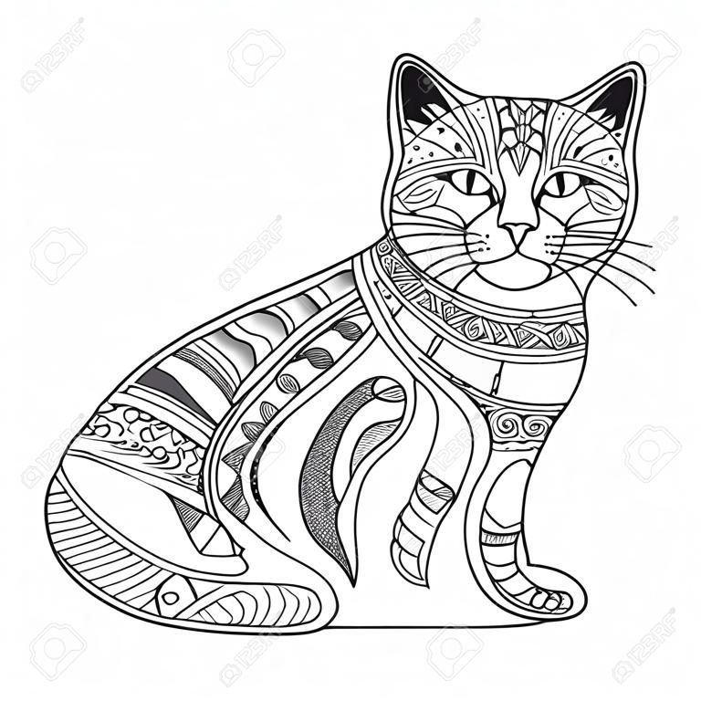 貓抗應激圖畫書為成人。黑色和白色手工繪製矢量。塗鴉與民族圖案打印。紋身，襯衫設計，標誌，符號禪宗式的糾結
