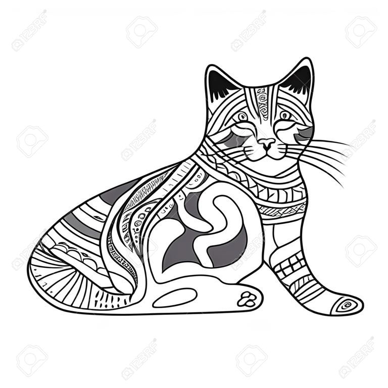 Cat anti-stress livre de coloriage pour les adultes. main noir et blanc dessiné vecteur. griffonner imprimer avec des motifs ethniques. style enchevêtrement Zen pour le tatouage, conception de chemise, logo, signe
