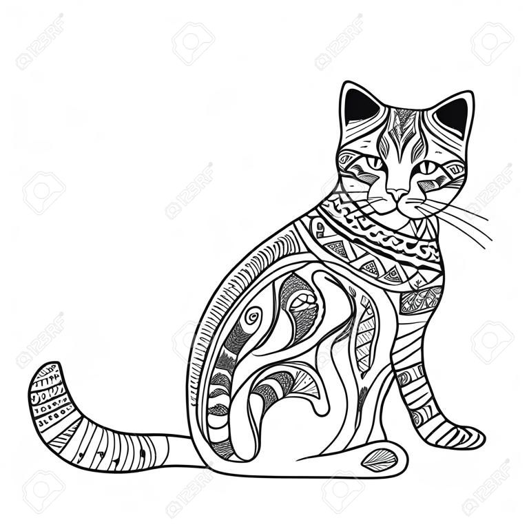 貓抗應激圖畫書為成人。黑色和白色手工繪製矢量。塗鴉與民族圖案打印。紋身，襯衫設計，標誌，符號禪宗式的糾結