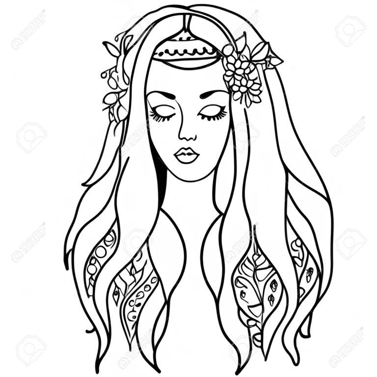Vector Illustration Black and White Woman with flowers in her hair.coloring pages for adults. Coloring book.Card,print. zentagl, doodle style.