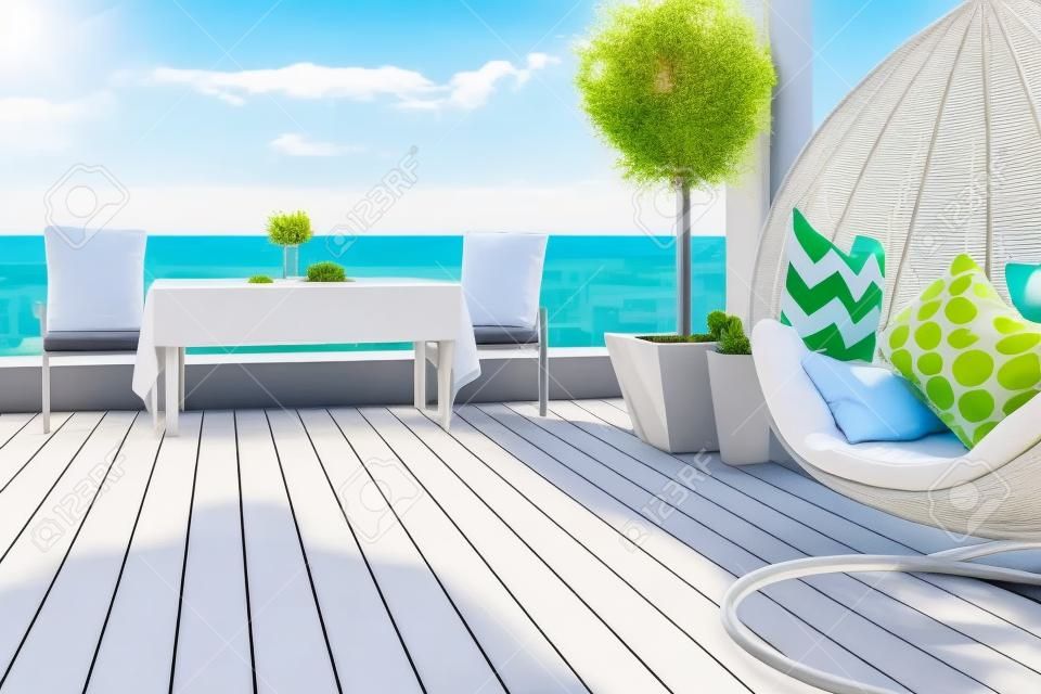 relaxing furnished area on roof top patio area at warm summer day