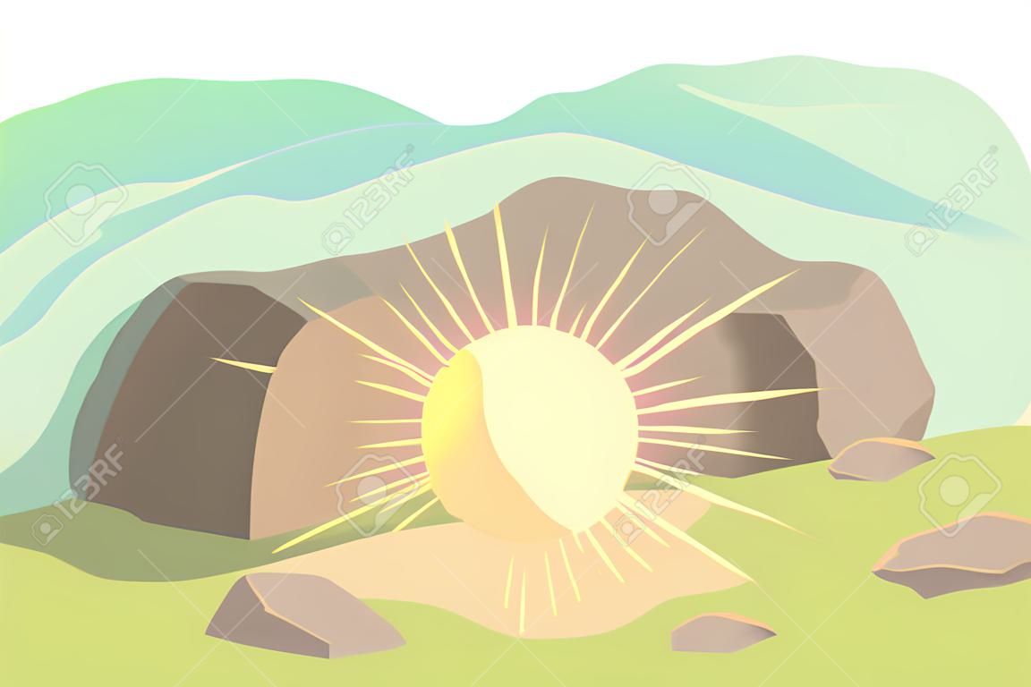Easter illustration of opened cave with light inside. Morning light. Vector