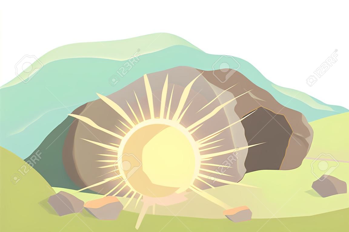 Easter illustration of opened cave with light inside. Morning light. Vector