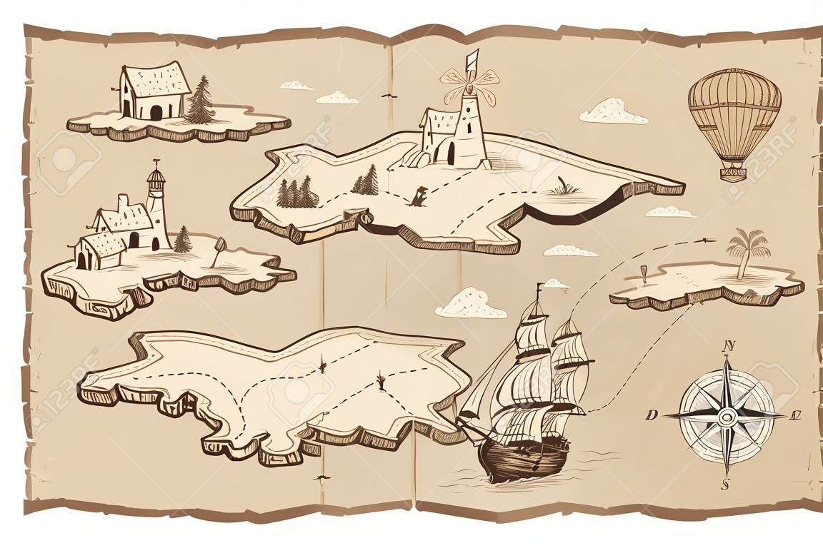 Vecchia mappa del tesoro schizzo vettoriale illustrazioni disegnate a mano vettore
