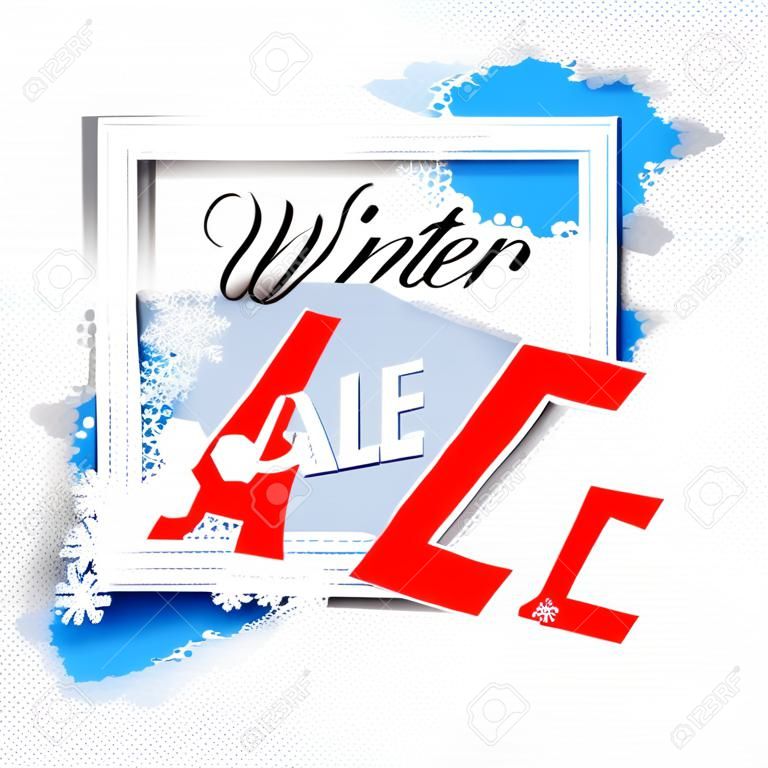 Bannière de vente d'hiver. Cadre carré blanc sur fond transparent. Taches blanches bleues avec poudre d'ombre et de neige, fond abstrait de tempête de neige