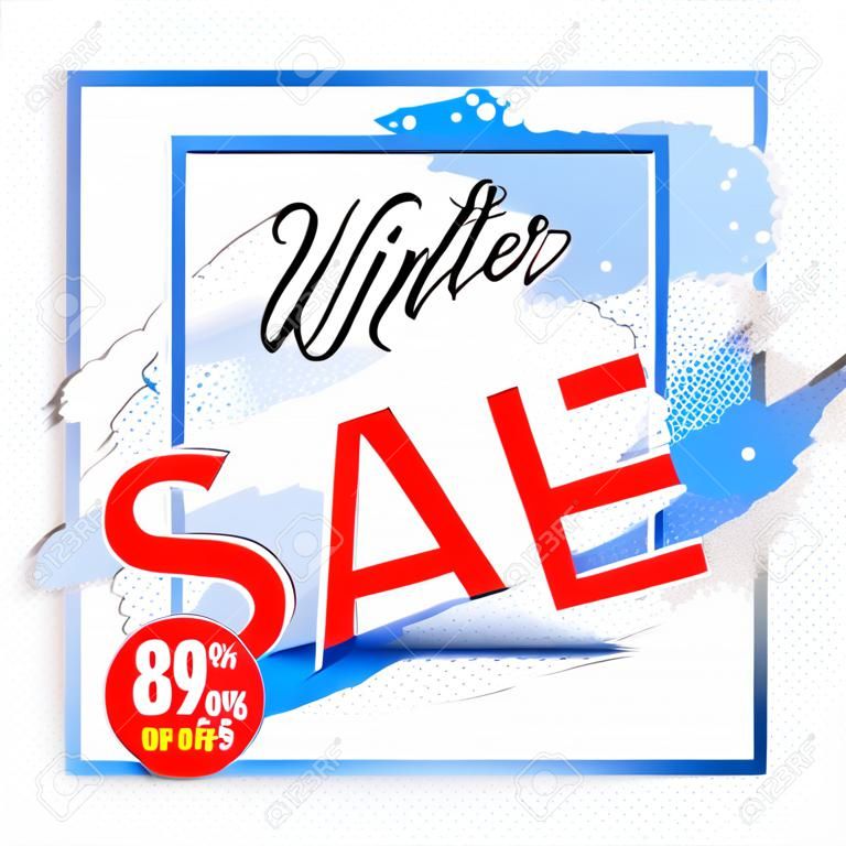 Bannière de vente d'hiver. Cadre carré blanc sur fond transparent. Taches blanches bleues avec poudre d'ombre et de neige, fond abstrait de tempête de neige