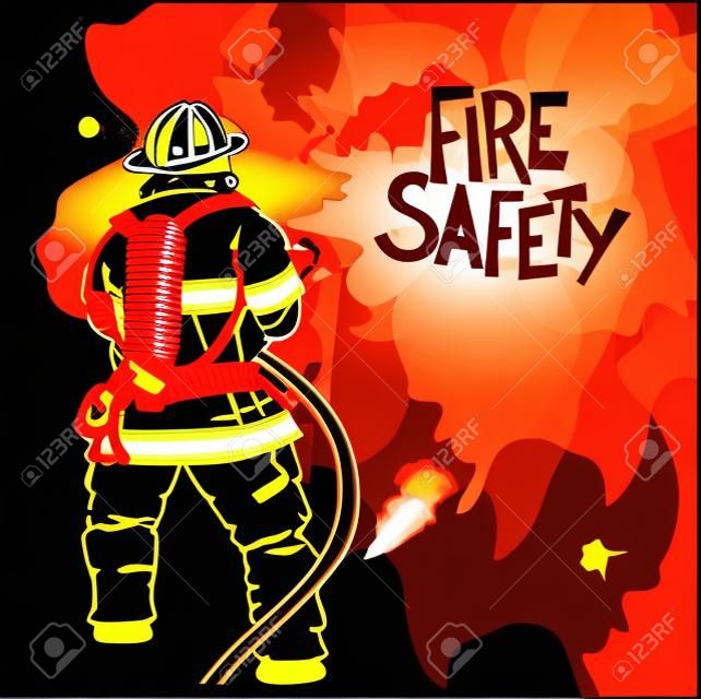 暗い背景上ホースの標識と消防士。ベクトルの図。どんな火災安全設計の progects です。ベクトルの図。