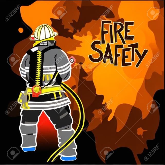 暗い背景上ホースの標識と消防士。ベクトルの図。どんな火災安全設計の progects です。ベクトルの図。
