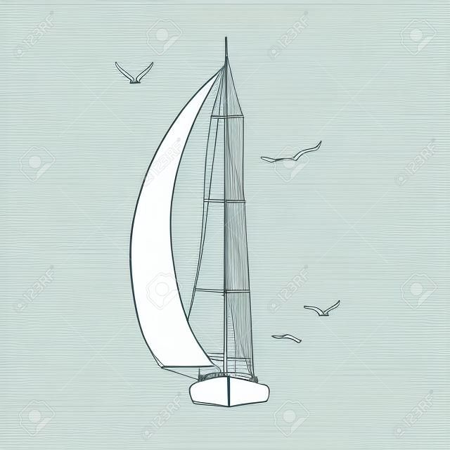 Contorno del barco de vela en el hecho y aisladas sobre fondo blanco. Yate de deporte, barco de vela. Dibujo de esquema