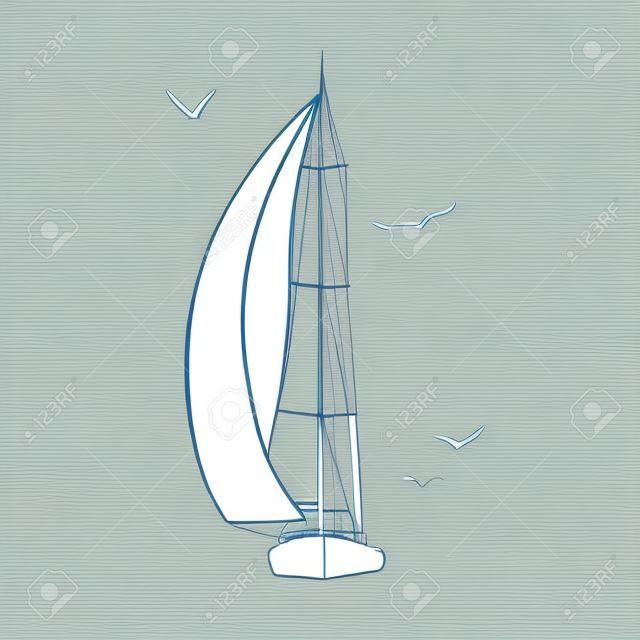 Contorno del barco de vela en el hecho y aisladas sobre fondo blanco. Yate de deporte, barco de vela. Dibujo de esquema