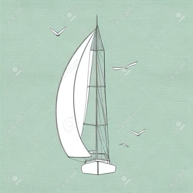 在孤立的白色背景上製造的帆船輪廓。運動遊艇，帆船。外形圖