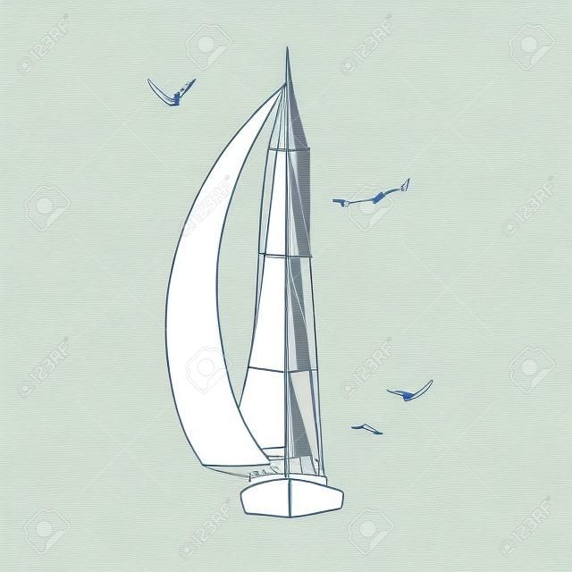 Контур парусника, сделанные в и изолированы на белом фоне. Спортивная яхта, парусная лодка. Контурный чертеж