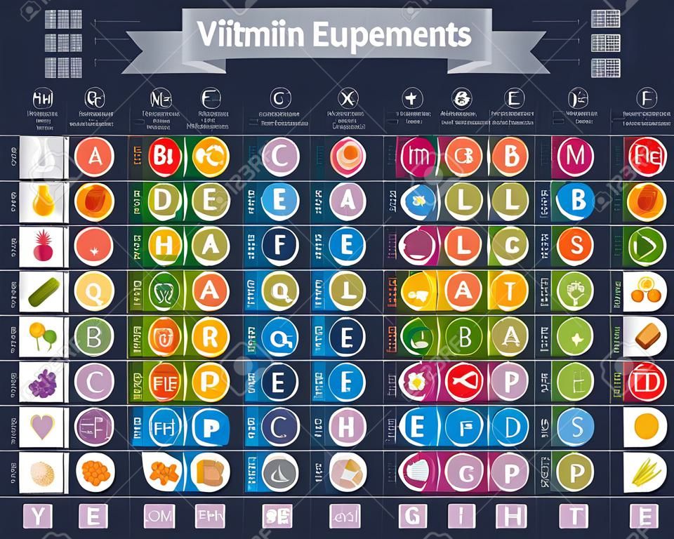 ミネラル ビタミン サプリメント アイコン。健康利点フラット ベクトル アイコンを設定、テキスト文字ロゴは黒い背景を分離しました。表の図医学医療グラフ ダイエット バランス医療インフォ グラフィックの図