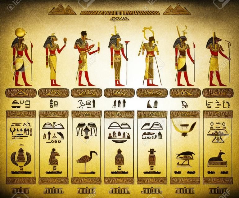 Ancient Egyptian god goddess infographic table. Amun Ra, Bastet, Isis, Osiris, Thoth, Horus, Anubis. Religious symbols. Scarab, cat, ibis, eye, jackal. Vector illustration isolated white background