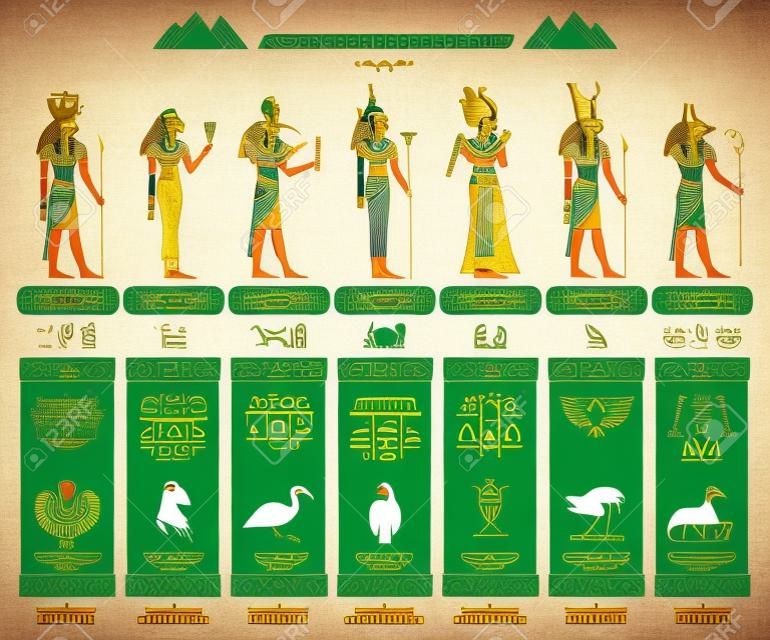 Tabla infográfica de la diosa del antiguo dios egipcio. Amun Ra, Bastet, Isis, Osiris, Thoth, Horus, Anubis. Símbolos religiosos. Escarabajo, gato, ibis, ojo, chacal. Ilustración de vector aislado fondo blanco.