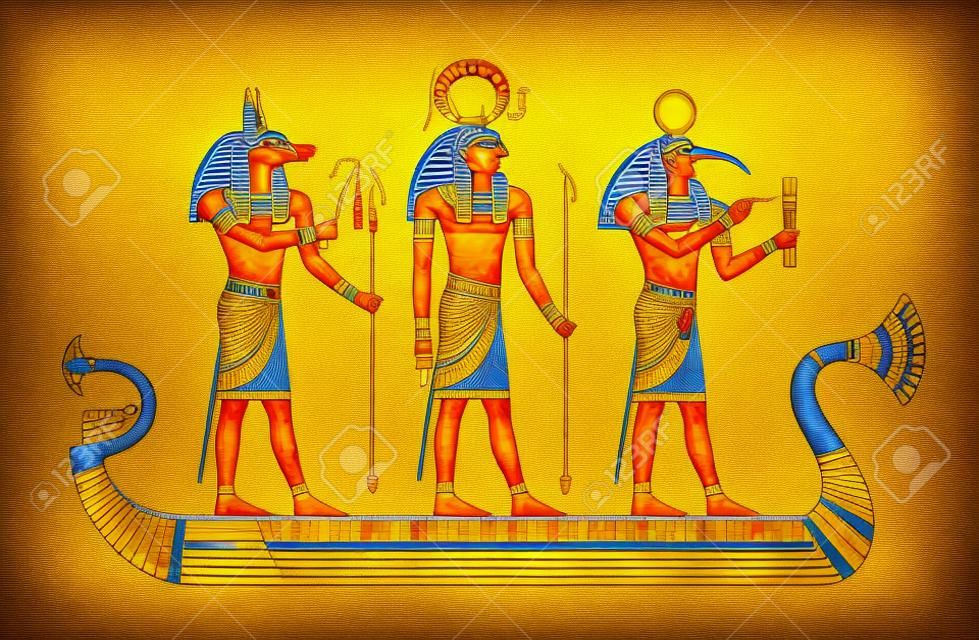 Egyptian boat with ancient gods Ra, Anubis, Thoth. Papyrus art from Ancient Egypt. Vector pharaoh historical ornament. Mythology civilization symbol. Sun Death and writing gods. Egyptology vector set