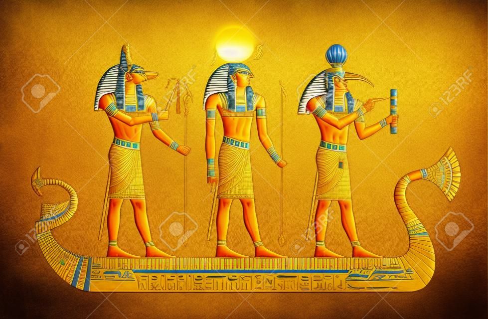 Egyptian boat with ancient gods Ra, Anubis, Thoth. Papyrus art from Ancient Egypt. Vector pharaoh historical ornament. Mythology civilization symbol. Sun Death and writing gods. Egyptology vector set