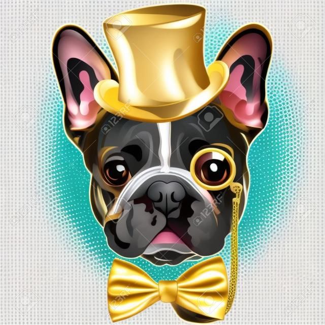 Raça de buldogue francês de cão hipster vector em um chapéu de ouro, óculos e gravata borboleta