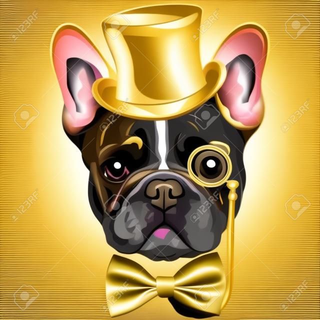 Raça de buldogue francês de cão hipster vector em um chapéu de ouro, óculos e gravata borboleta