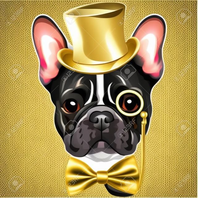 Vecteur hippie race de chien de bouledogue français dans un chapeau d'or, des lunettes et un n?ud papillon