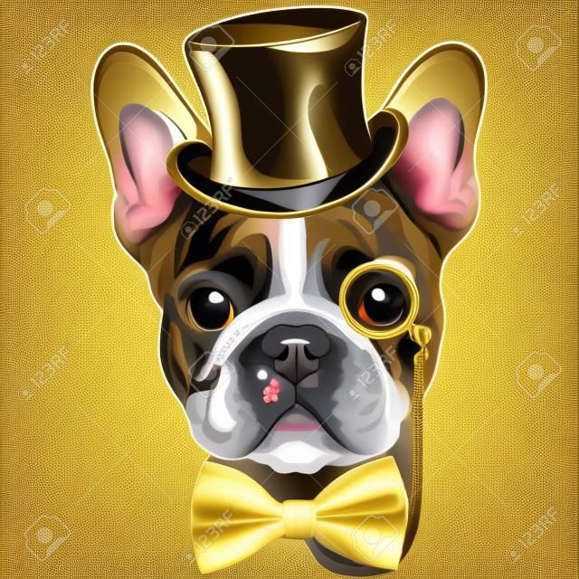 Vecteur hippie race de chien de bouledogue français dans un chapeau d'or, des lunettes et un n?ud papillon
