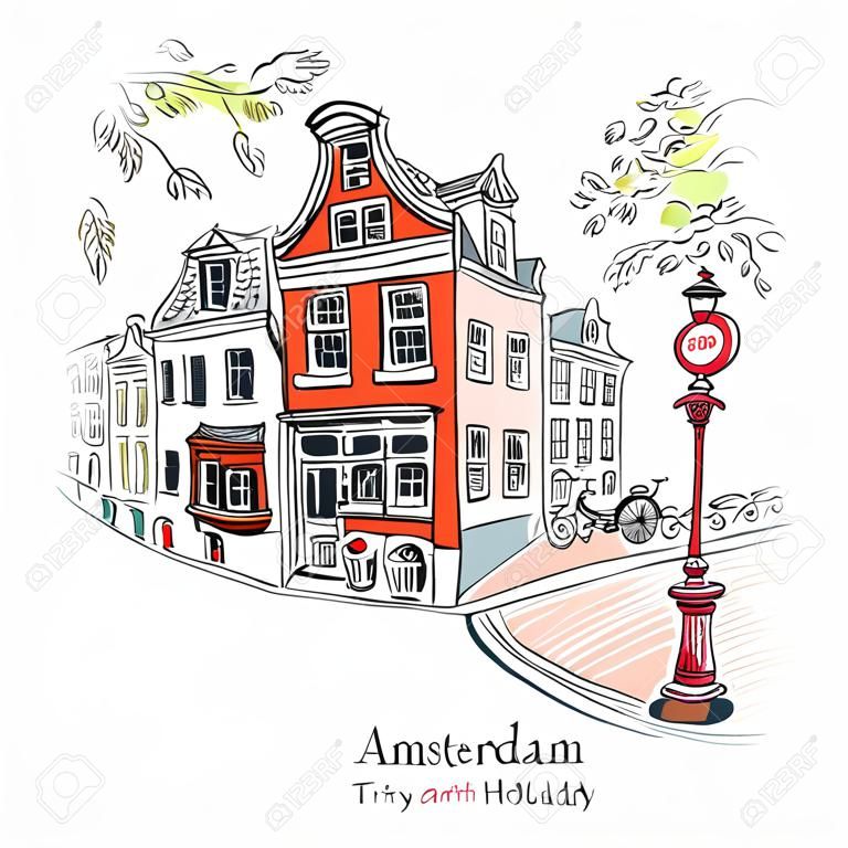 ベクトル色手描き、コウノトリとランタン、オランダ、オランダのアムステルダムの典型的な家の街の景色。