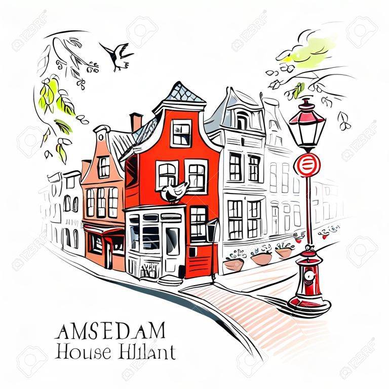 Wektor kolorowy rysunek strony, widok na miasto Amsterdam typowy dom z bocian i latarnia, Holandia, Holandia.