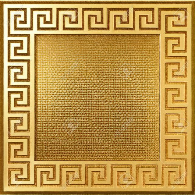 Quadratischer Rahmen mit goldener griechischer Verzierung der traditionellen Weinlese, Windungsmuster auf transparentem Hintergrund. Goldmuster für dekorative Fliesen