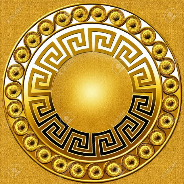 Round frame with traditional vintage Golden Greek ornament, Meander pattern on transparent background. Gold pattern for decorative tiles
