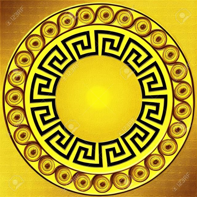 與傳統的老式金色希臘裝飾，在透明背景上的曲折模式的圓形框架。裝飾瓷磚的金色圖案