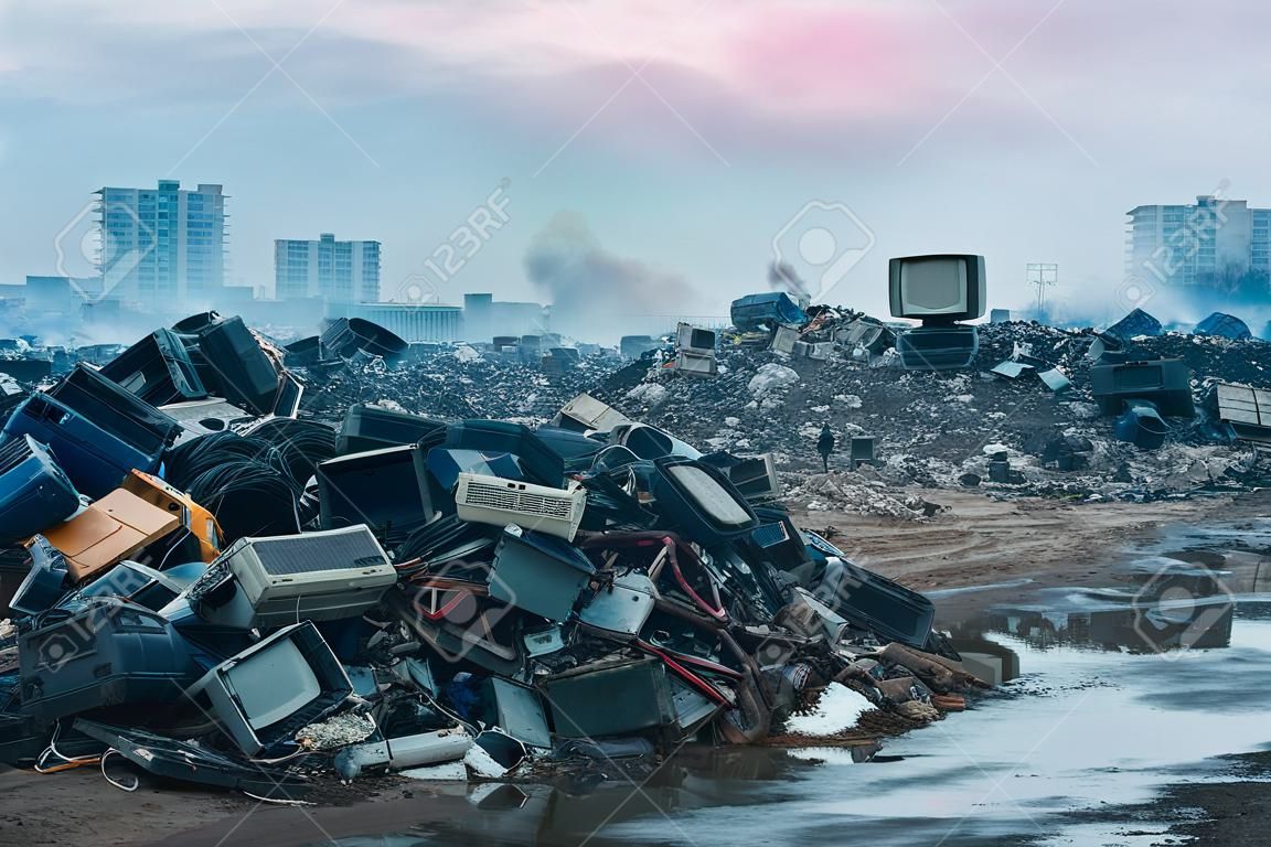 massive e-waste dumpsite on the outskirts of a city, scale of electronic waste pollution problem