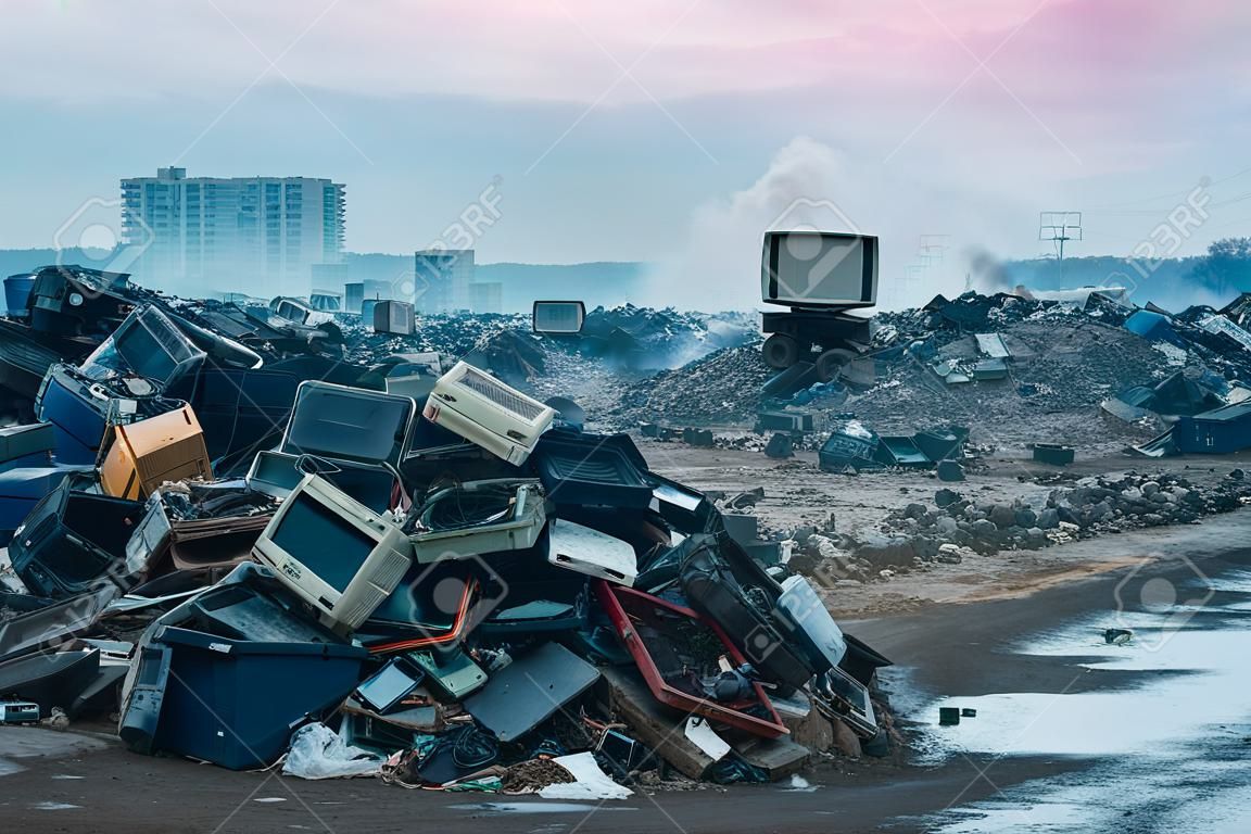 massive e-waste dumpsite on the outskirts of a city, scale of electronic waste pollution problem
