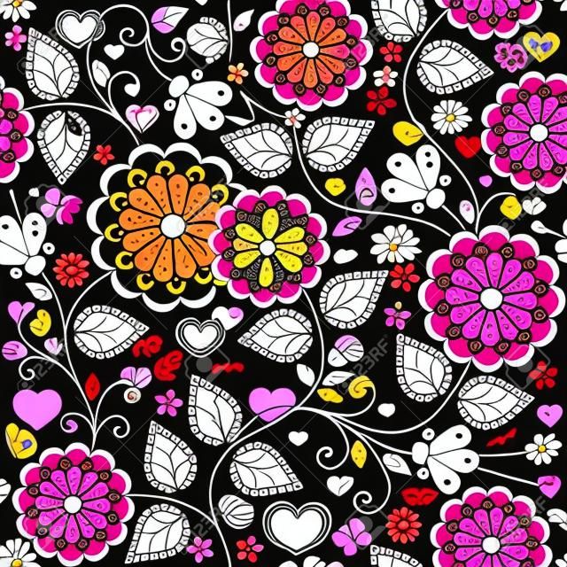 Seamless valentine pattern with colorful flowers and butterflies and hearts