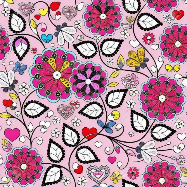 Бесшовные Валентина с красочными цветами и бабочками и сердечками