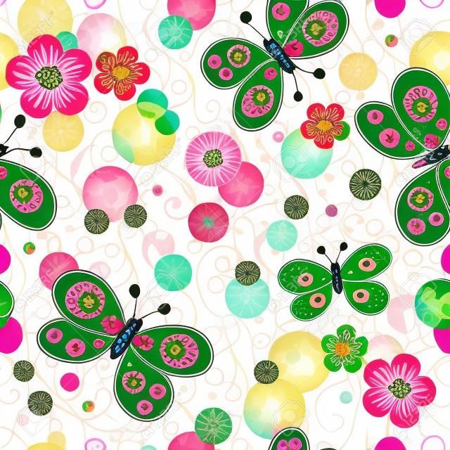 Seamless spring vivid floral pattern with colorful vintage butterflies and balls and curls