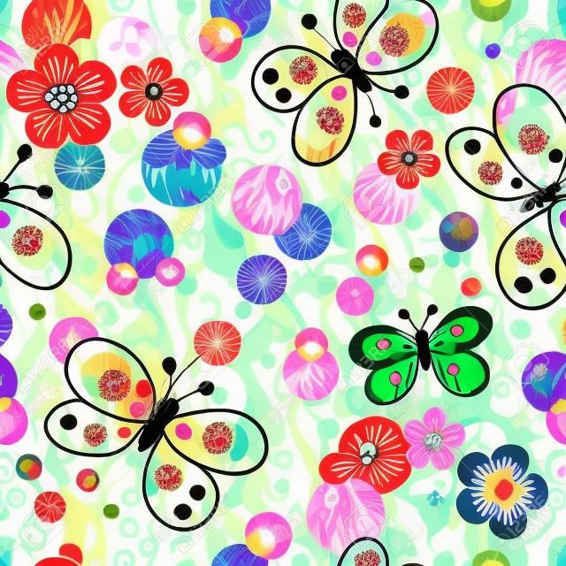 Seamless spring vivid floral pattern with colorful vintage butterflies and balls and curls