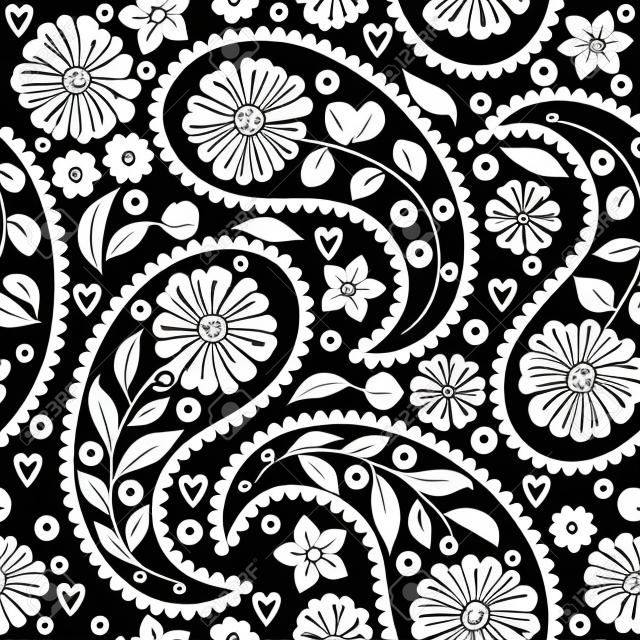 Seamless monochromatic black pattern with paisley and flowers on transparent background. Vector image. Eps 8